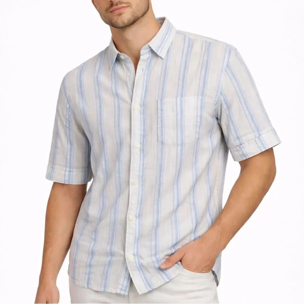 Banana Republic Linen Cotton Light Blue and White Striped Short-Sleeve Shirt